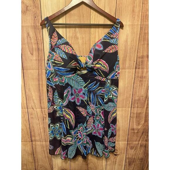 Cacique 42DD blue Swim dress lightly lined plunge Floral Tropical Boho Vacation - Picture 3 of 12